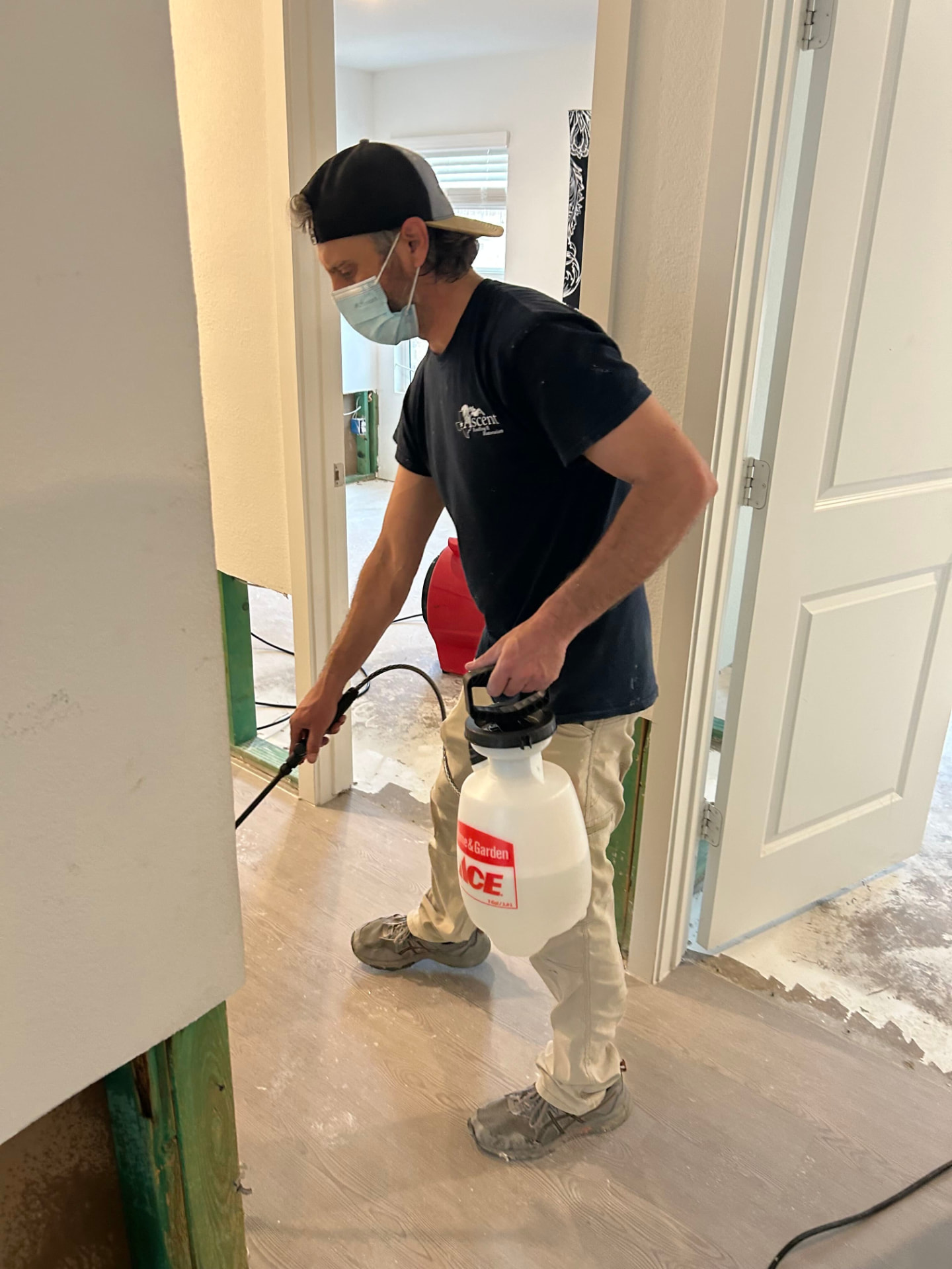 Ascent worker treating an interior room during restoration